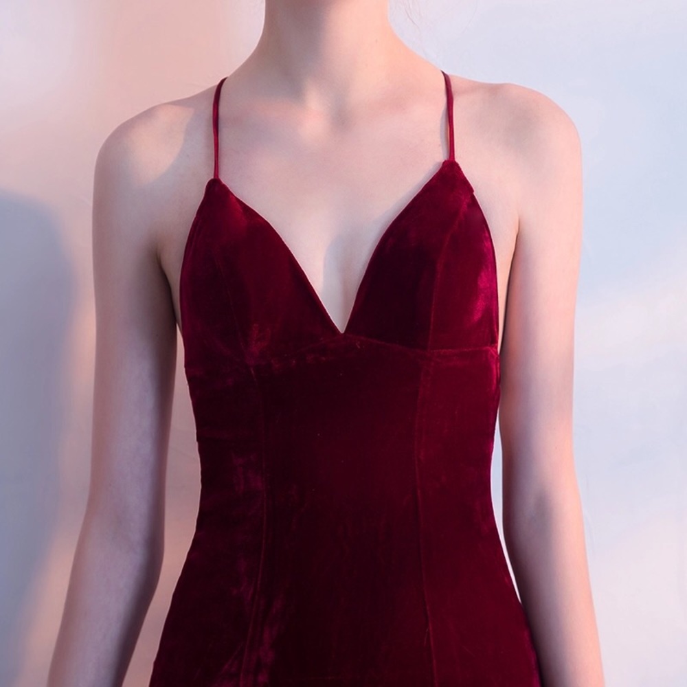Ashley Opoku Burgundy Velvet Spaghetti Strap Dress - Picture 2 of 5
